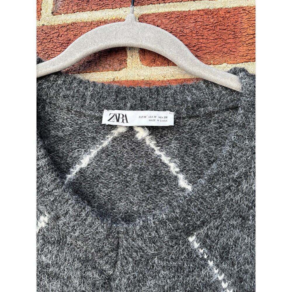 Zara Argyle Knit Sweater Gray Brown Diamond Pattern Soft Fuzzy Womens M - Picture 4 of 8